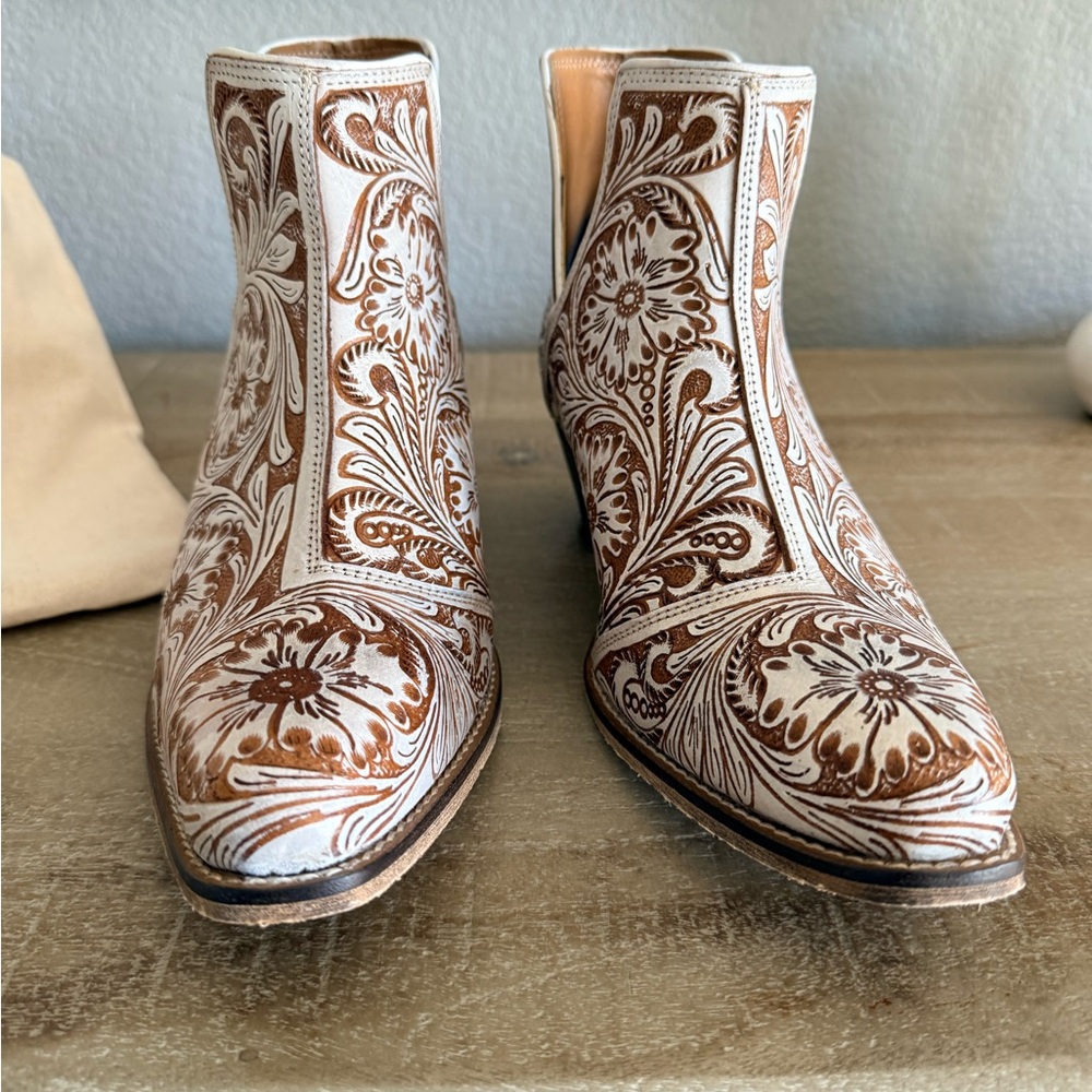 Myra bag white washed tooled western bootie.